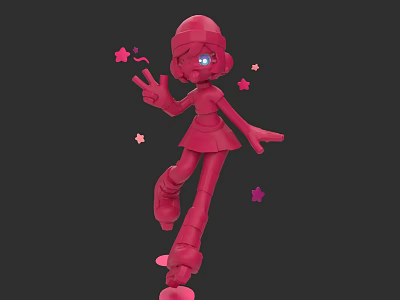 Red 3D Game Movie Character With Goggles Making Peace Sign Stars Around Skirt Roller Skates 3d model