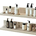 Daily Washing Products On Wooden Shelf With Shampoo Conditioner And Hand Soap Bottles