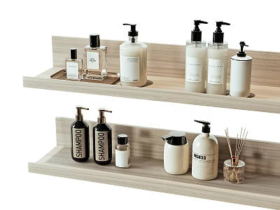Daily Washing Products On Wooden Shelf With Shampoo Conditioner And Hand Soap Bottles 3d model