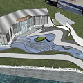 Modern Sales Office Building With Mountain View Blue Sky And Landscaped Pool Area