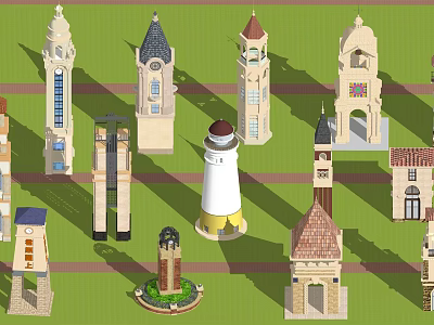 Various Architectural Tower Designs Including Clock Tower Lighthouse And Classic Models 3d model