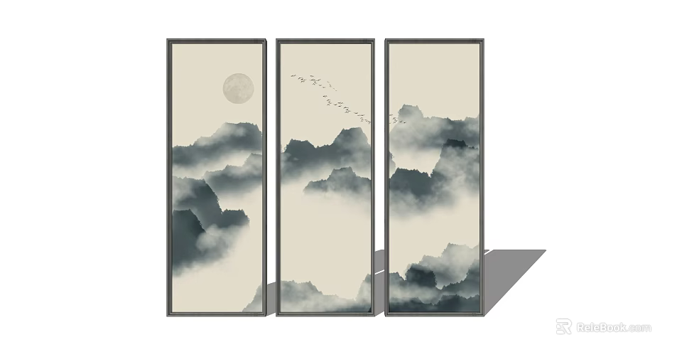Chinese Landscape Painting on Three Panel Screen with Moon Flying Birds and Misty Mountains 3d model 