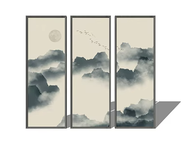 Chinese Landscape Painting on Three Panel Screen with Moon Flying Birds and Misty Mountains 3d model