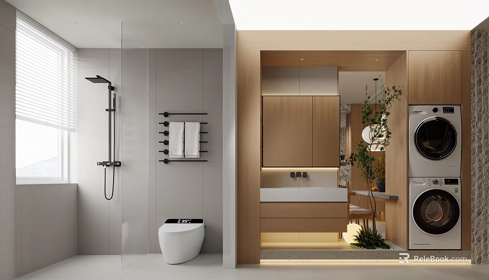 Modern Bathroom Interior With Shower Area Toilet Wooden Cabinets Mirror And Washing Machine 3d model 