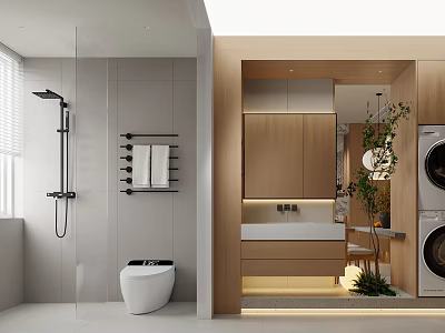 Modern Bathroom Interior With Shower Area Toilet Wooden Cabinets Mirror And Washing Machine 3d model
