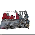 Damaged Building Interior With Collapsed Structures Broken Red Walls Debris And Wooden Fragments