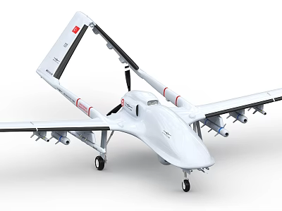 White Military Drone Aircraft Featuring Mounted Weapon Systems And Red Markings 3d model