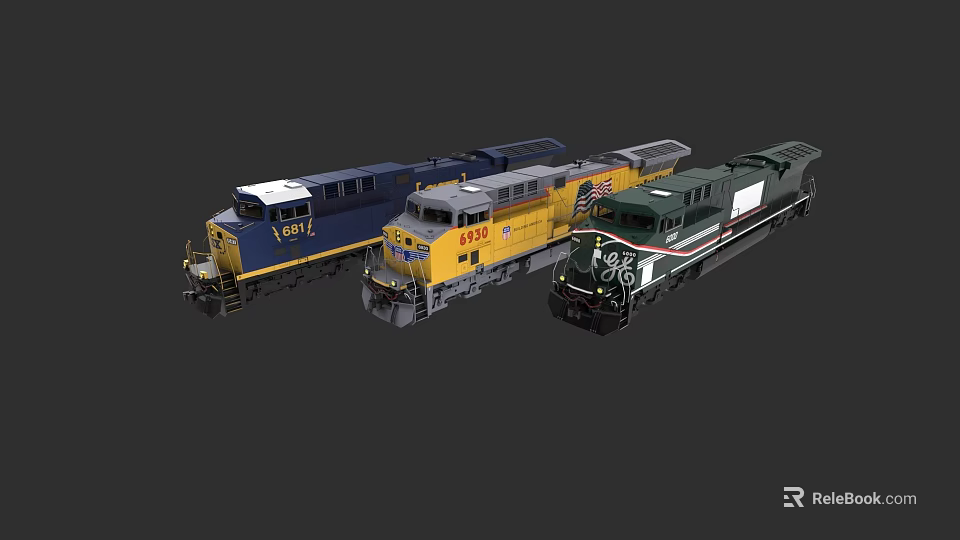 Three Vibrant Train Models Featuring Blue Yellow And Green Designs 3d model 