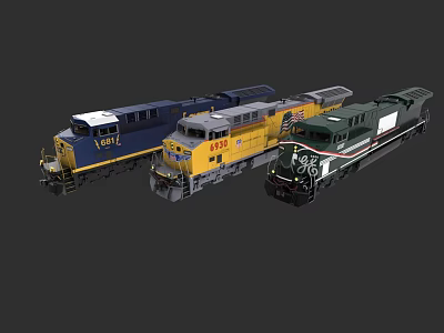 Three Vibrant Train Models Featuring Blue Yellow And Green Designs 3d model