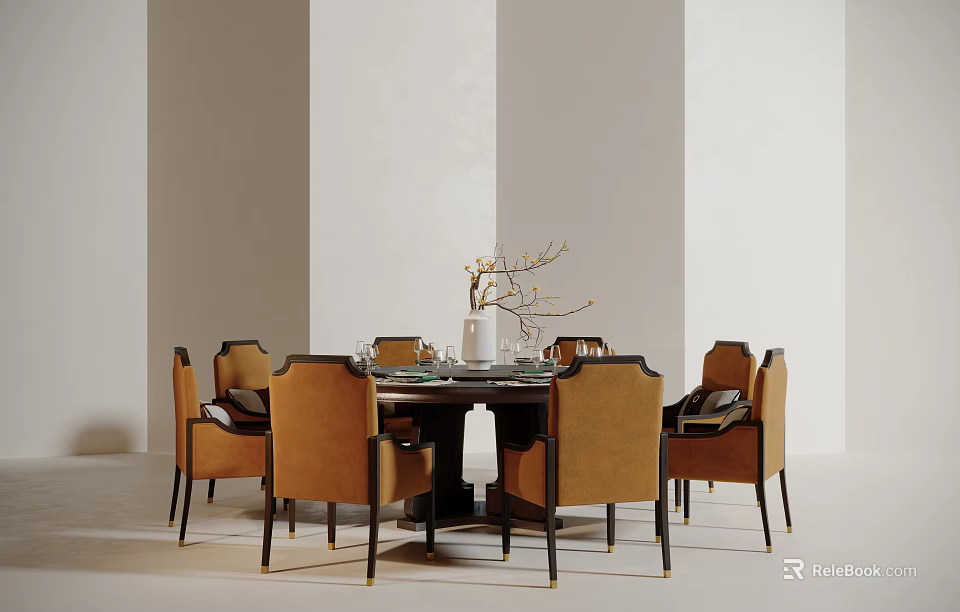 Dining Table Set with Orange Chairs Dark Frames and Vase with Branches in Light Background 3d model 