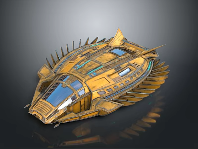 Futuristic Golden Spaceship 3D Model With Blue Panels And Spiked Structure 3d model