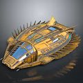 Futuristic Golden Spaceship 3D Model With Blue Panels And Spiked Structure