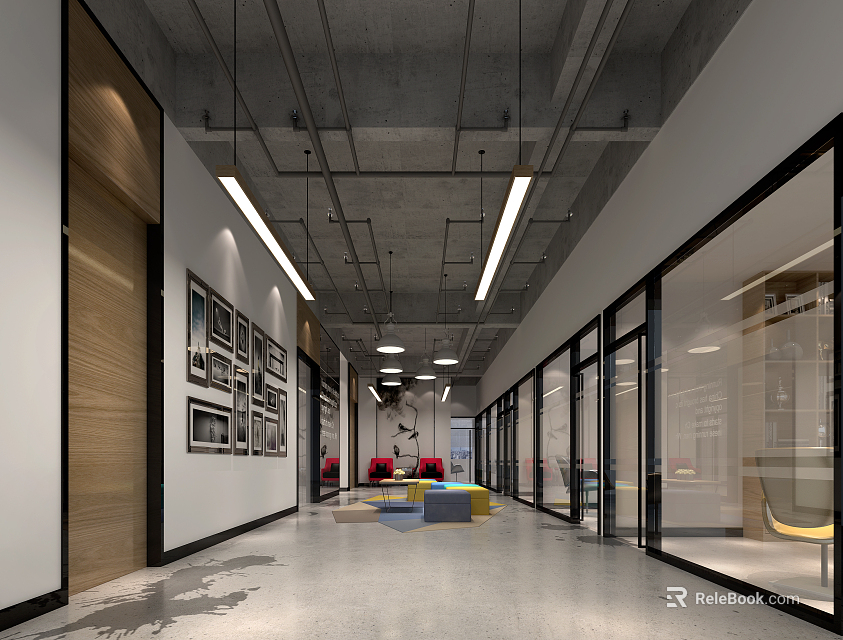 Modern Office Corridor Interior With Exposed Ceiling Linear Lights Glass Doors And Framed Art 3d model 