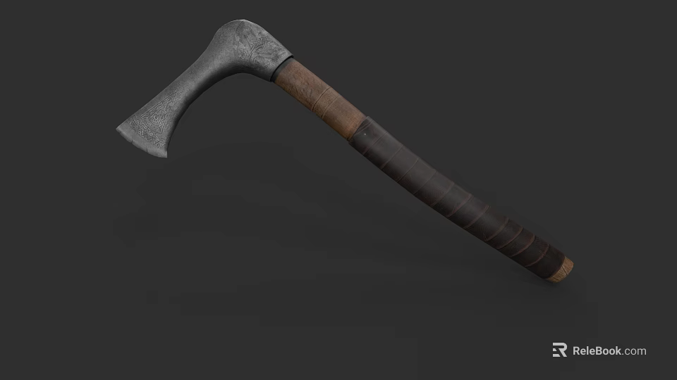 Vintage Axe Weapon With Metal Head Wooden Handle And Leather Grip 3d model 
