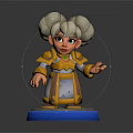 3D Game Character With Grey Bun Hairstyle Green Eyes Golden Brown Armor On Blue Base