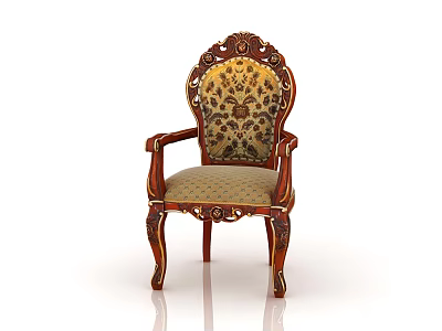 Classic Style Accent Chair With Carved Details Wooden Armrests And Patterned Upholstery 3d model