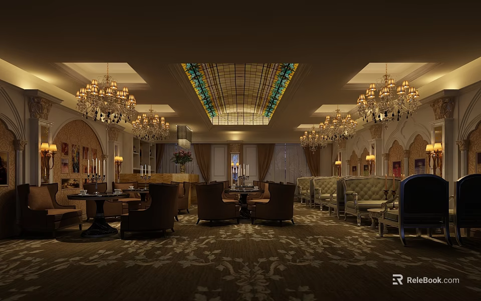 Elegant Restaurant Interior With Chandeliers Patterned Carpet And Stained Glass Ceiling 3d model 