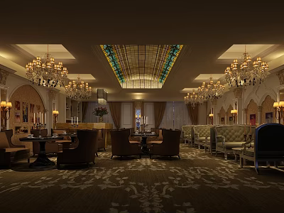 Elegant Restaurant Interior With Chandeliers Patterned Carpet And Stained Glass Ceiling 3d model