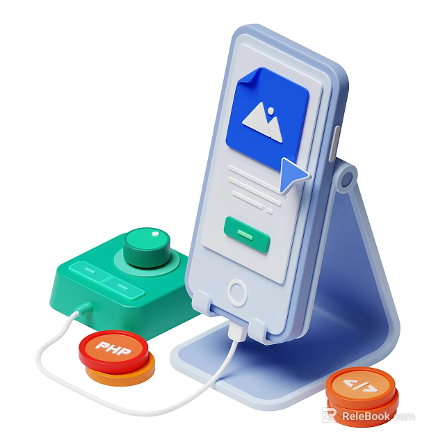 Smartphone On Stand With Green Device Red Buttons Blue Screen Icon And Arrow 3d model 