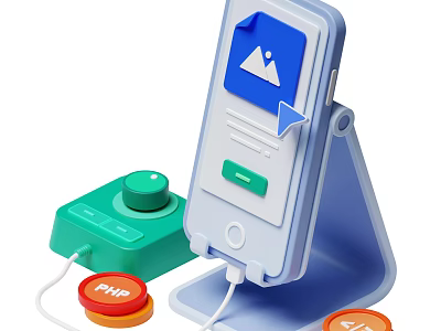 Smartphone On Stand With Green Device Red Buttons Blue Screen Icon And Arrow 3d model