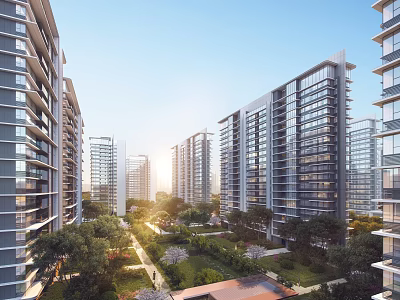 Modern High-Rise Residential Buildings With Glass Curtain Walls Green Garden And Sunlight 3d model