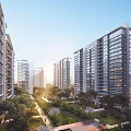 Modern High-Rise Residential Buildings With Glass Curtain Walls Green Garden And Sunlight