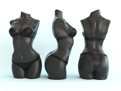 Set Of Black Mannequins Wearing Lingerie Shown From Different Angles 3d model
