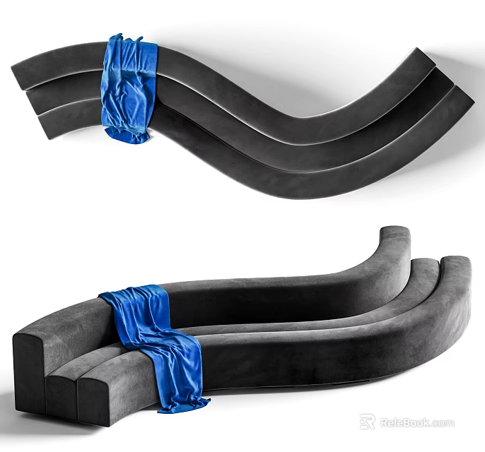 Modern Curved Black Multi Seat Sofa Design With Blue Fabric Accent 3d model