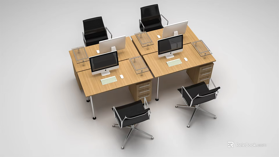 Modern Office Workstations With Wooden Desks Computer Monitors Black Chairs And Storage Drawers 3d model 