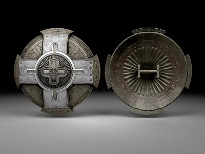 Medieval Metal Shield Two Sides Show Intricate Cross And Radial Decorative Designs 3d model