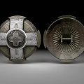 Medieval Metal Shield Two Sides Show Intricate Cross And Radial Decorative Designs