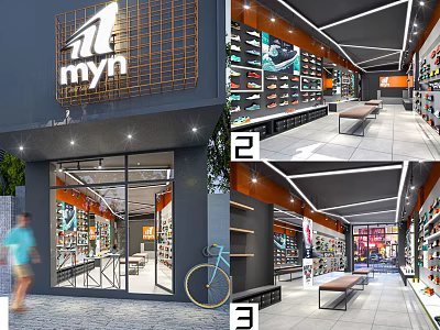 MYN Modern Retail Store With Glass Facade Shelves Product Displays And Bicycle Decor 3d model