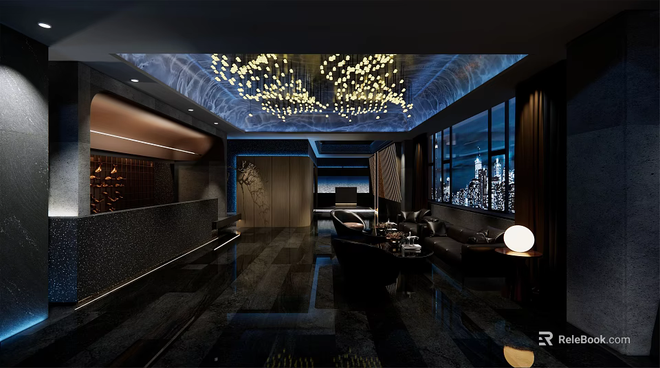 Modern Luxurious KTV Interior Design With Elegant Lighting Comfortable Sofas And City View Windows 3d model 