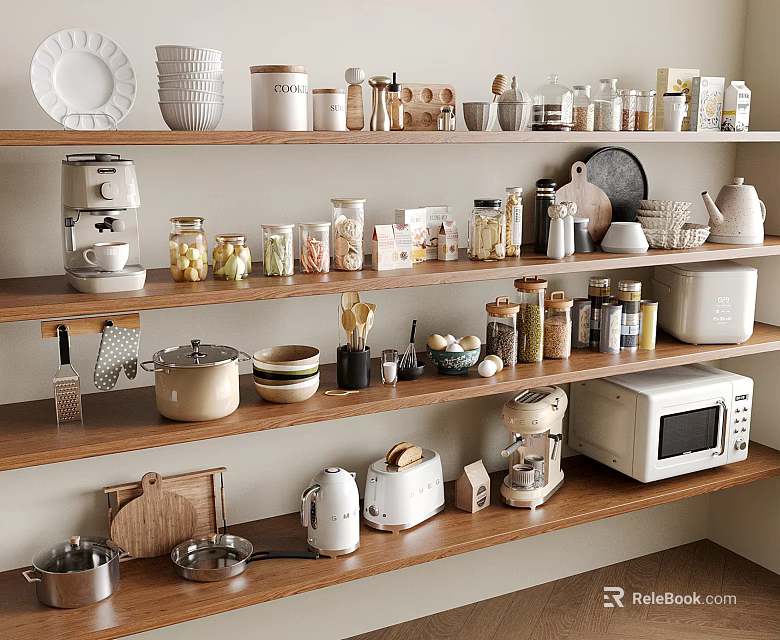 Modern Open Kitchen Shelves Displaying Various Spice Bottles And Utensils 3d model