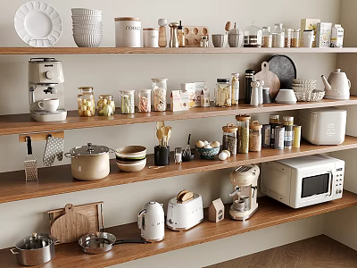 Modern Open Kitchen Shelves Displaying Various Spice Bottles And Utensils 3d model