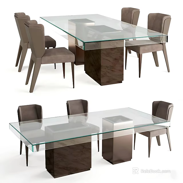 Stylish Modern Glass Top Dining Table Set With Gray Chairs And Cube Legs Design 3d model 