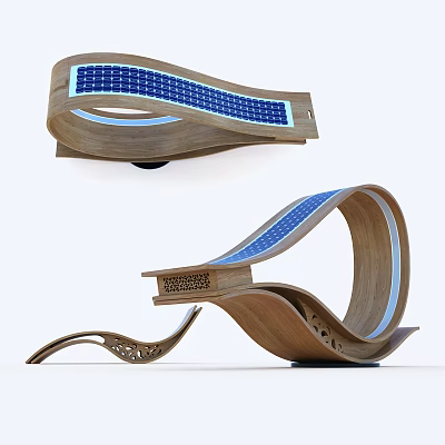 Unique Wooden Outdoor Chair With Solar Panel And Modern Curved Decorative Design 3d model
