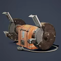 Industrial Bench Grinder With Dual Grinding Wheels Metal Stands Orange Body And Control Panel