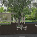 Pergola in Modern High Rise Apartment Area With Trees Lawn Wooden Deck and White Chairs