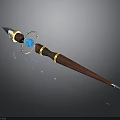Fantasy Wooden Staff With Blue Gemstone Metal Ring And Sharp Spike