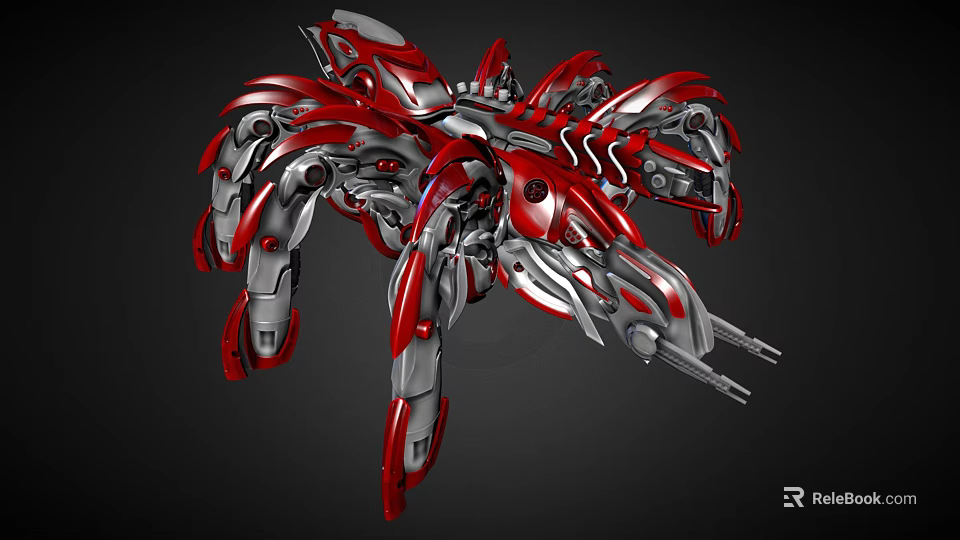 Red and Silver Sci Fi Mechanical Creature with Multi Legged Robotic Structure Design 3d model 