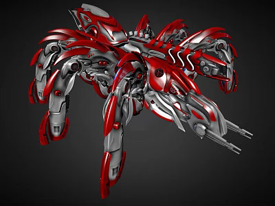Red and Silver Sci Fi Mechanical Creature with Multi Legged Robotic Structure Design 3d model