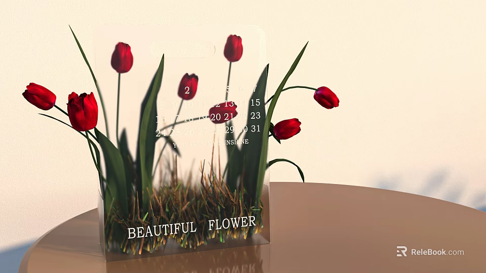 Red Tulips With Green Leaves In Transparent Container Featuring Beautiful Flower Label And Size Measurements 3d model 