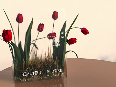 Red Tulips With Green Leaves In Transparent Container Featuring Beautiful Flower Label And Size Measurements 3d model