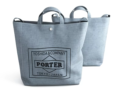 Two Stylish Gray Canvas Tote Bags With Porter Tokyo Branded Logo Design 3d model