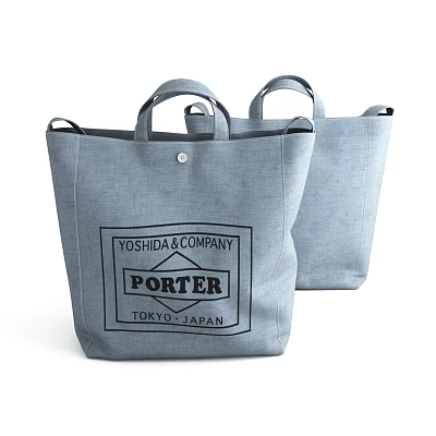 Two Stylish Gray Canvas Tote Bags With Porter Tokyo Branded Logo Design 3d model