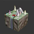 Miniature 3D Scene with Red Base Mountain Trees Waterfall and Bridge