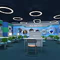 School Modern Classroom With Green Chairs White Tables Ceiling Lights And Large Screen 3d model