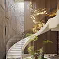 Modern Spiral Staircase Interior With Glass Railing Hanging Chandelier And Green Plants
