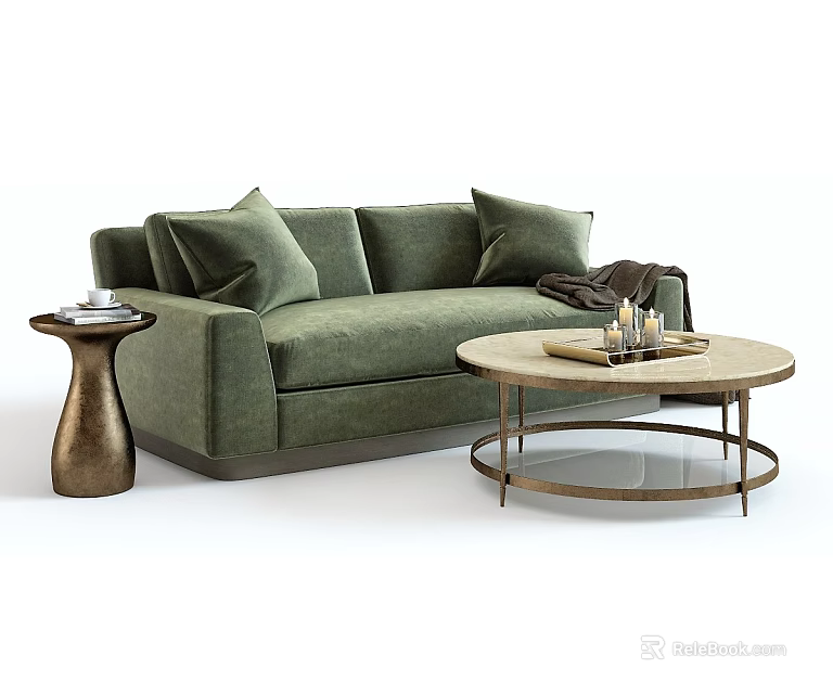 Green Fabric Sectional Sofa With Plush Cushions Round Coffee Table And Side Table 3d model